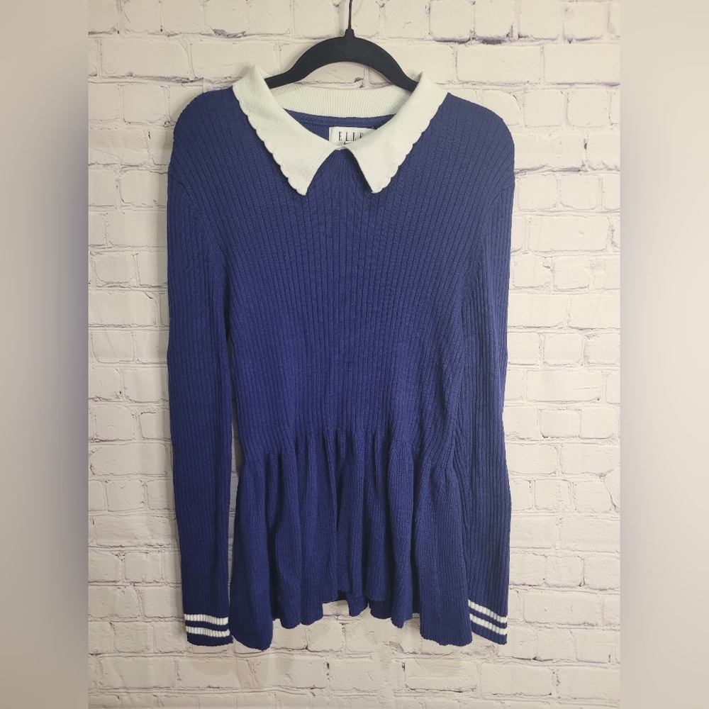 ELLE‎ Ribbed Peplum Blue SWEATER Sz.Medium